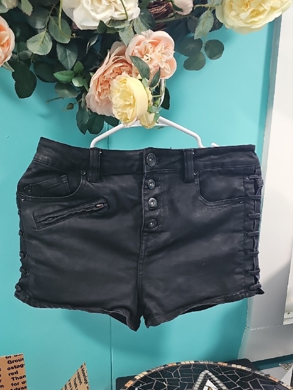 Vintage Free People Black Lace-Up Button-Front Jean Shorts